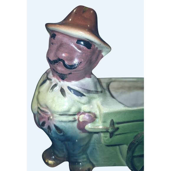 Vintage Ceramic Farmer Figurine With Wheelbarrow Planter - Picture 2 of 9